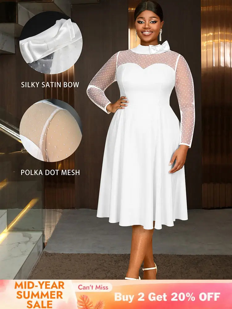 AOMEIDRESS Elegant White A Line Polka Dot Mesh Dress for Bridal Shower White / L