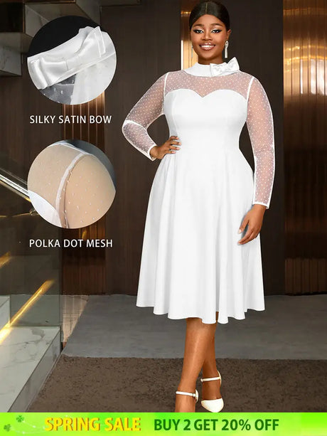 AOMEIDRESS Elegant White A Line Polka Dot Mesh Dress for Bridal Shower White / L
