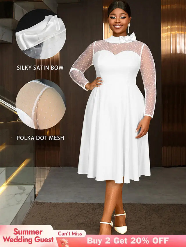 AOMEIDRESS Elegant White A Line Polka Dot Mesh Dress for Bridal Shower White / L