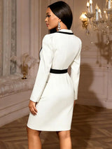 AOMEIDRESS Elegant White Blazer Contrast Trim with Belt Office Wear