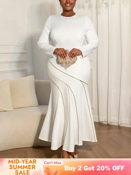 AOMEIDRESS Elegant White Bodycon Dress Colorblock Fishtails Hem Party - White / S