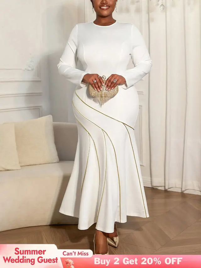 AOMEIDRESS Elegant White Bodycon Dress Colorblock Fishtails Hem Party - White / S