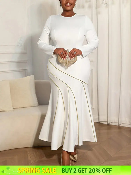 AOMEIDRESS Elegant White Bodycon Dress Colorblock Fishtails Hem Party - White / S