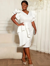 AOMEIDRESS Elegant White Bodycon Dress V Neck Butterfly Sleeve Peplum