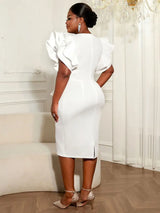 AOMEIDRESS Elegant White Bodycon Dress V Neck Butterfly Sleeve Peplum