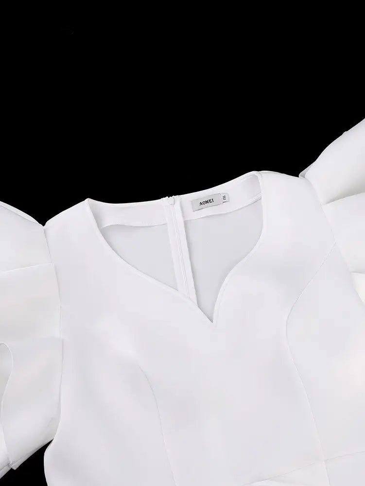 AOMEIDRESS Elegant White Bodycon Dress V Neck Butterfly Sleeve Peplum