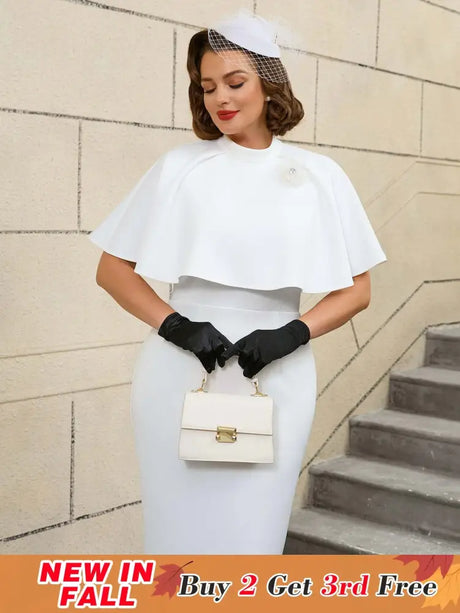 AOMEIDRESS Elegant White Cape Sheath Dress for Easter and Graduation White / S