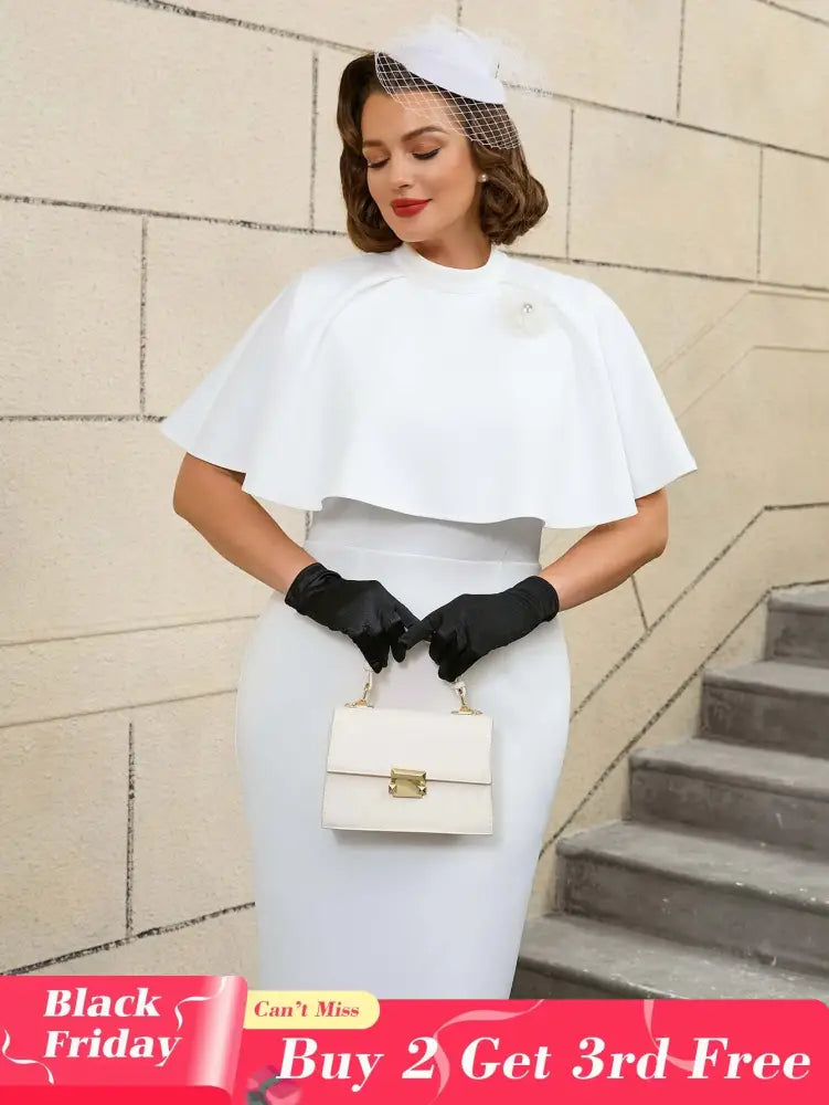 AOMEIDRESS Elegant White Cape Sheath Dress for Easter and Graduation White / S