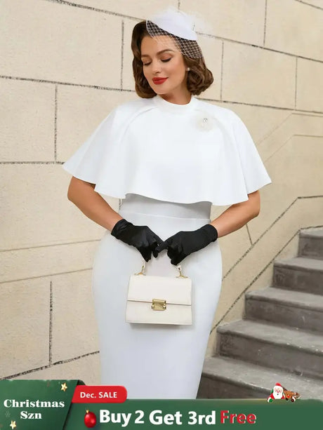 AOMEIDRESS Elegant White Cape Sheath Dress for Easter and Graduation White / S