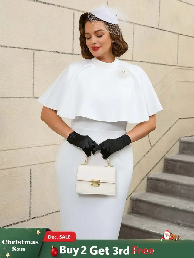 AOMEIDRESS Elegant White Cape Sheath Dress for Easter and Graduation White / S