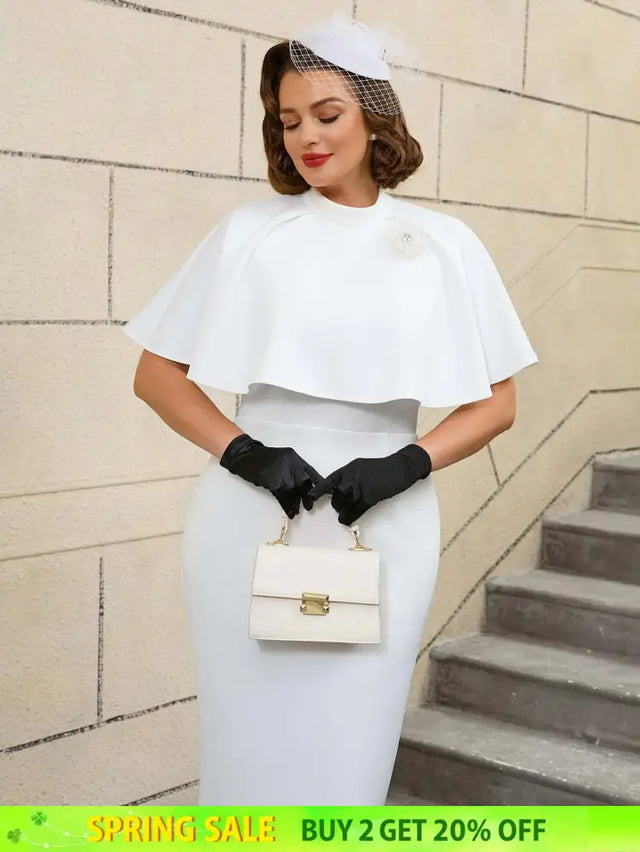 AOMEIDRESS Elegant White Cape Sheath Dress for Easter and Graduation White / S
