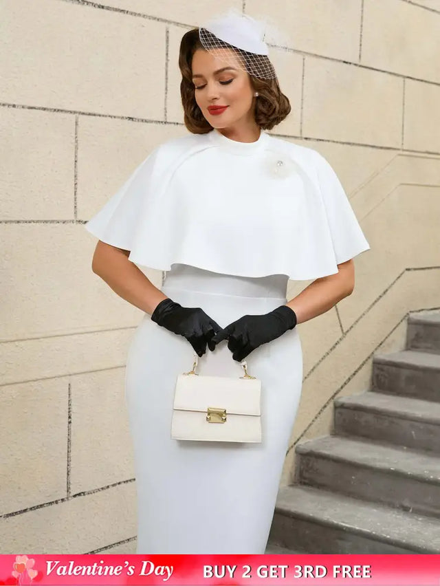 AOMEIDRESS Elegant White Cape Sheath Dress for Easter and Graduation White / S