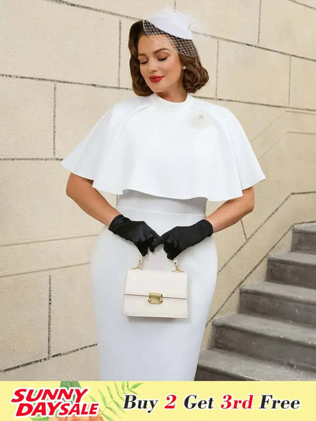AOMEIDRESS Elegant White Cape Sheath Dress for Easter and Graduation White / S
