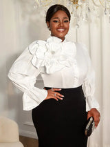 AOMEIDRESS Elegant White Cotton Shirt Button 3D Flower Long Sleeves