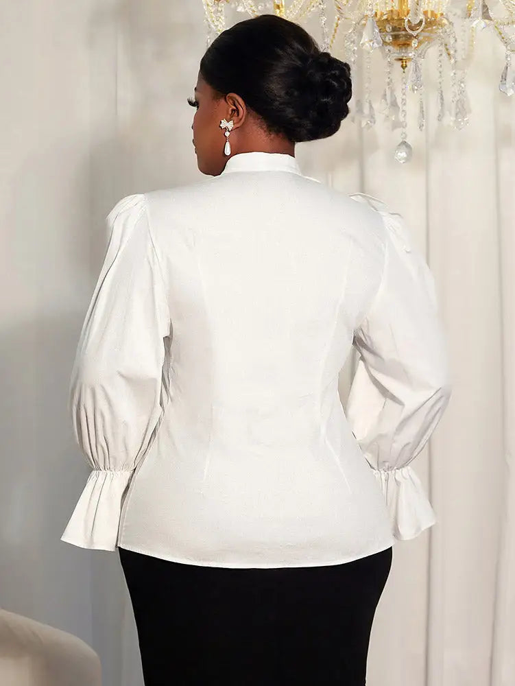 AOMEIDRESS Elegant White Cotton Shirt Button 3D Flower Long Sleeves