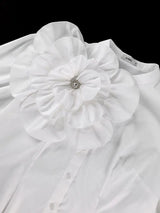 AOMEIDRESS Elegant White Cotton Shirt Button 3D Flower Long Sleeves