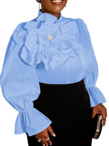 AOMEIDRESS Elegant White Cotton Shirt Button 3D Flower Long Sleeves - Blue / 0XL