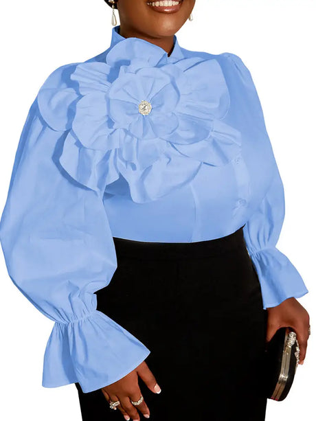 AOMEIDRESS Elegant White Cotton Shirt Button 3D Flower Long Sleeves - Blue / 0XL