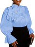 AOMEIDRESS Elegant White Cotton Shirt Button 3D Flower Long Sleeves - Blue / 0XL