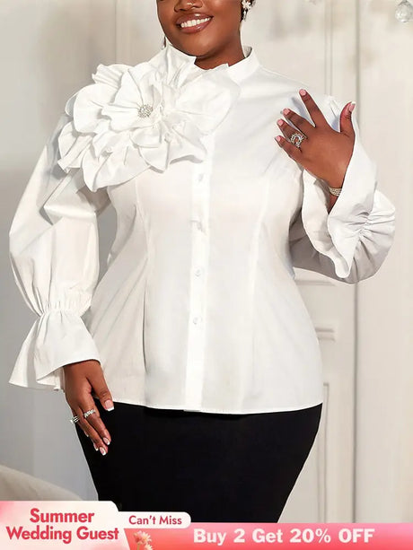 AOMEIDRESS Elegant White Cotton Shirt Button 3D Flower Long Sleeves - White / 0XL