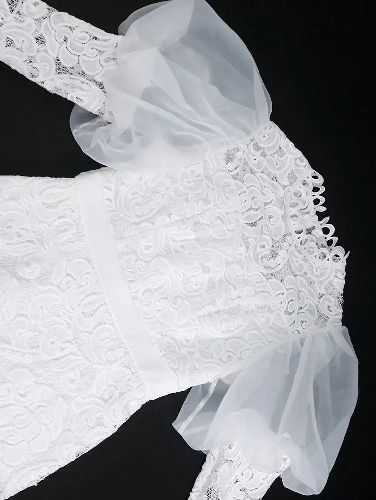 AOMEIDRESS Elegant White Lace Wedding Guest Dress Puff Sleeve O Neck
