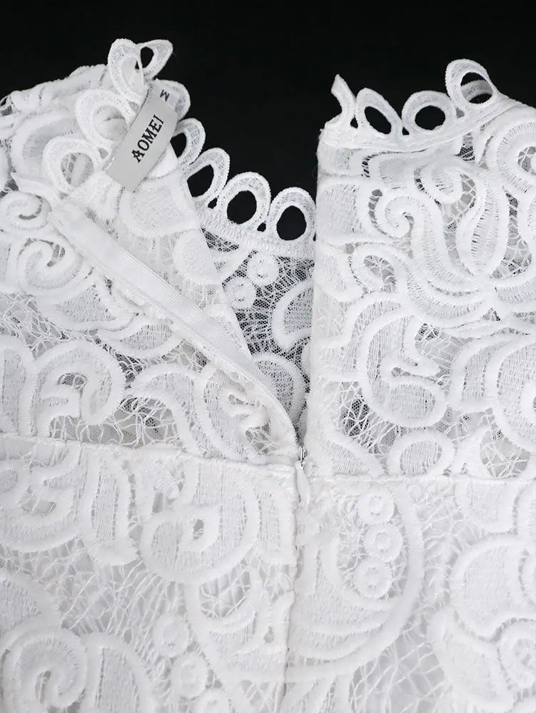 AOMEIDRESS Elegant White Lace Wedding Guest Dress Puff Sleeve O Neck
