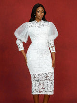 AOMEIDRESS Elegant White Lace Wedding Guest Dress Puff Sleeve O Neck