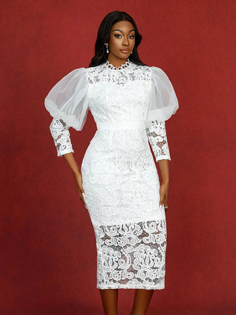 AOMEIDRESS Elegant White Lace Wedding Guest Dress Puff Sleeve O Neck