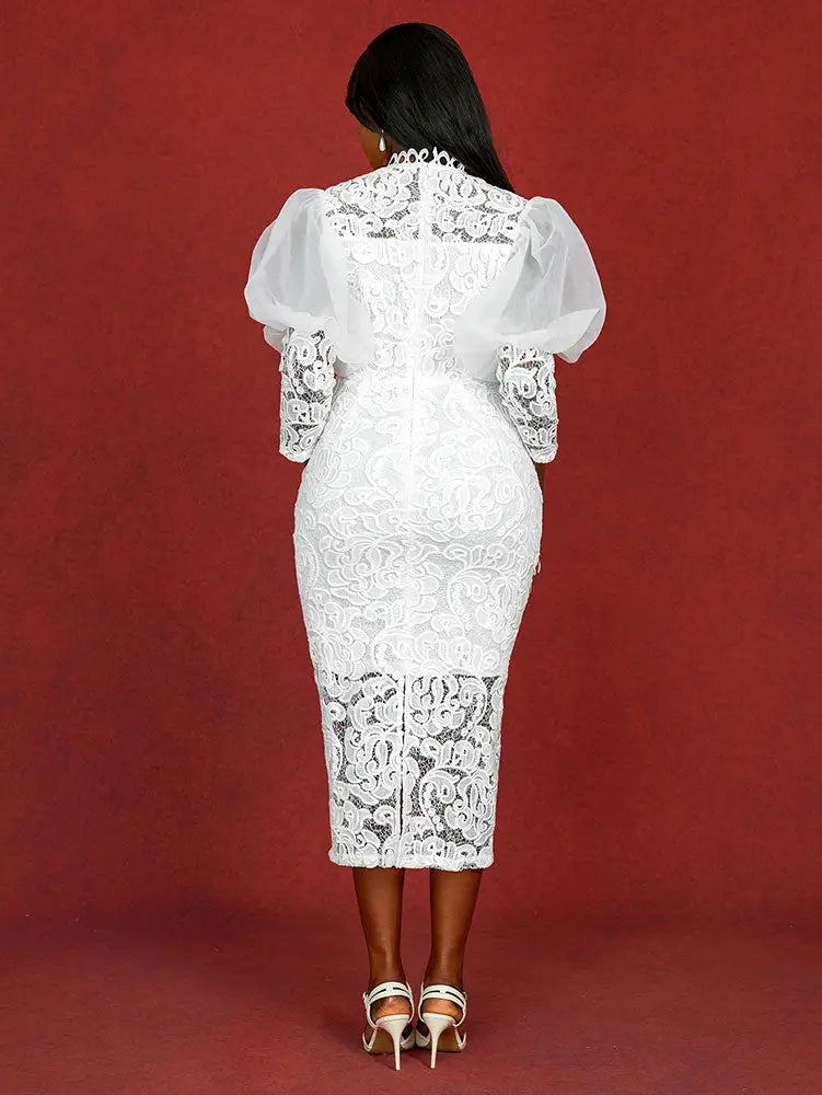 AOMEIDRESS Elegant White Lace Wedding Guest Dress Puff Sleeve O Neck