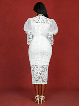 AOMEIDRESS Elegant White Lace Wedding Guest Dress Puff Sleeve O Neck