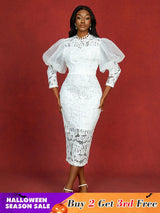 AOMEIDRESS Elegant White Lace Wedding Guest Dress Puff Sleeve O Neck White / S
