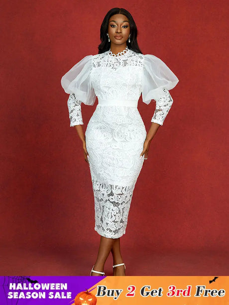 AOMEIDRESS Elegant White Lace Wedding Guest Dress Puff Sleeve O Neck White / S
