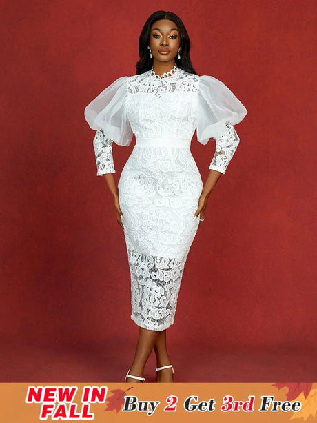 AOMEIDRESS Elegant White Lace Wedding Guest Dress Puff Sleeve O Neck White / S