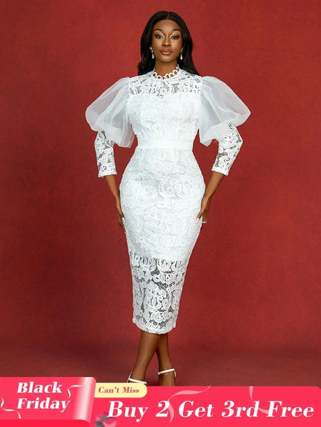 AOMEIDRESS Elegant White Lace Wedding Guest Dress Puff Sleeve O Neck White / S