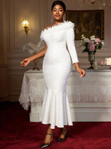 AOMEIDRESS Elegant White One Shoulder Mermaid Dress for Bridal Shower