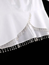 AOMEIDRESS Elegant White Top Long Sleeve with 3D Flower Pearl Tassel