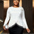 AOMEIDRESS Elegant White Top Long Sleeve with 3D Flower Pearl Tassel White / L
