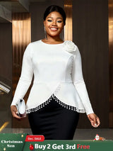 AOMEIDRESS Elegant White Top Long Sleeve with 3D Flower Pearl Tassel White / L