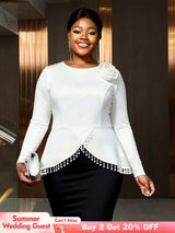 AOMEIDRESS Elegant White Top Long Sleeve with 3D Flower Pearl Tassel White / L