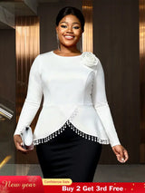 AOMEIDRESS Elegant White Top Long Sleeve with 3D Flower Pearl Tassel White / L