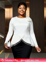 AOMEIDRESS Elegant White Top Long Sleeve with 3D Flower Pearl Tassel White / L