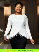 AOMEIDRESS Elegant White Top Long Sleeve with 3D Flower Pearl Tassel White / L