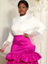 AOMEIDRESS Elegant White Tops Half High Neck with Long Flare Sleeve