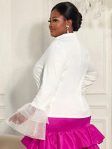 AOMEIDRESS Elegant White Tops Half High Neck with Long Flare Sleeve