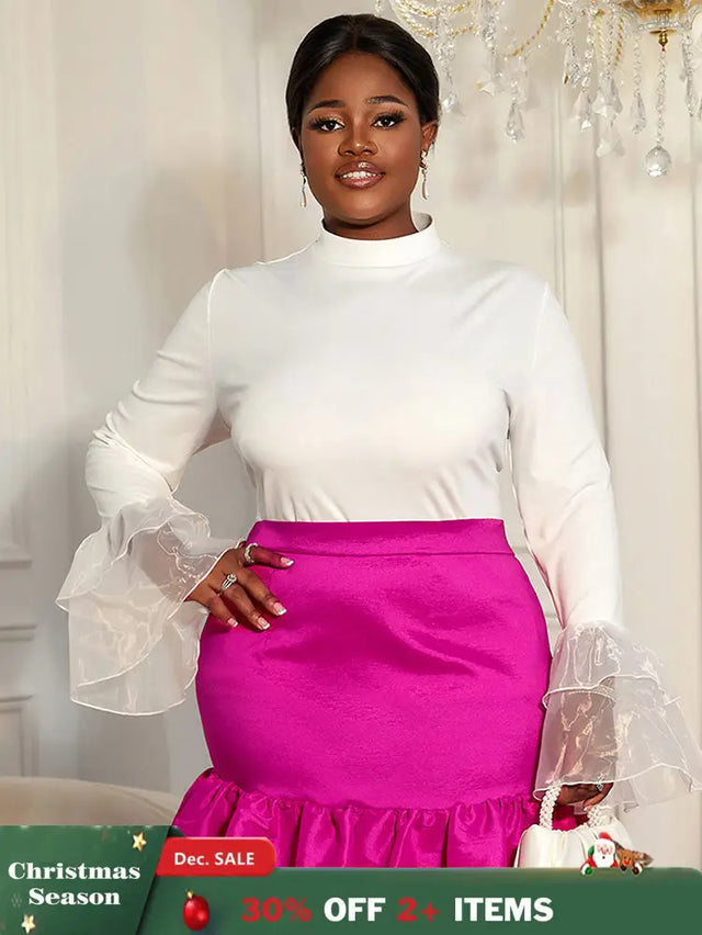 AOMEIDRESS Elegant White Tops Half High Neck with Long Flare Sleeve White / L