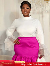 AOMEIDRESS Elegant White Tops Half High Neck with Long Flare Sleeve White / L