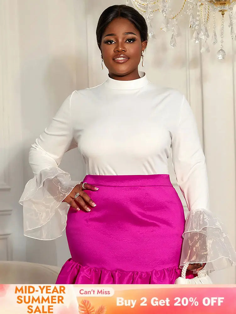AOMEIDRESS Elegant White Tops Half High Neck with Long Flare Sleeve White / L