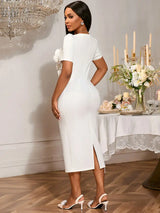 AOMEIDRESS Elegant White Wedding Guest Dress Slim with 3D Floral