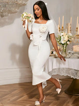 AOMEIDRESS Elegant White Wedding Guest Dress Slim with 3D Floral