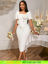 AOMEIDRESS Elegant White Wedding Guest Dress Slim with 3D Floral White / S